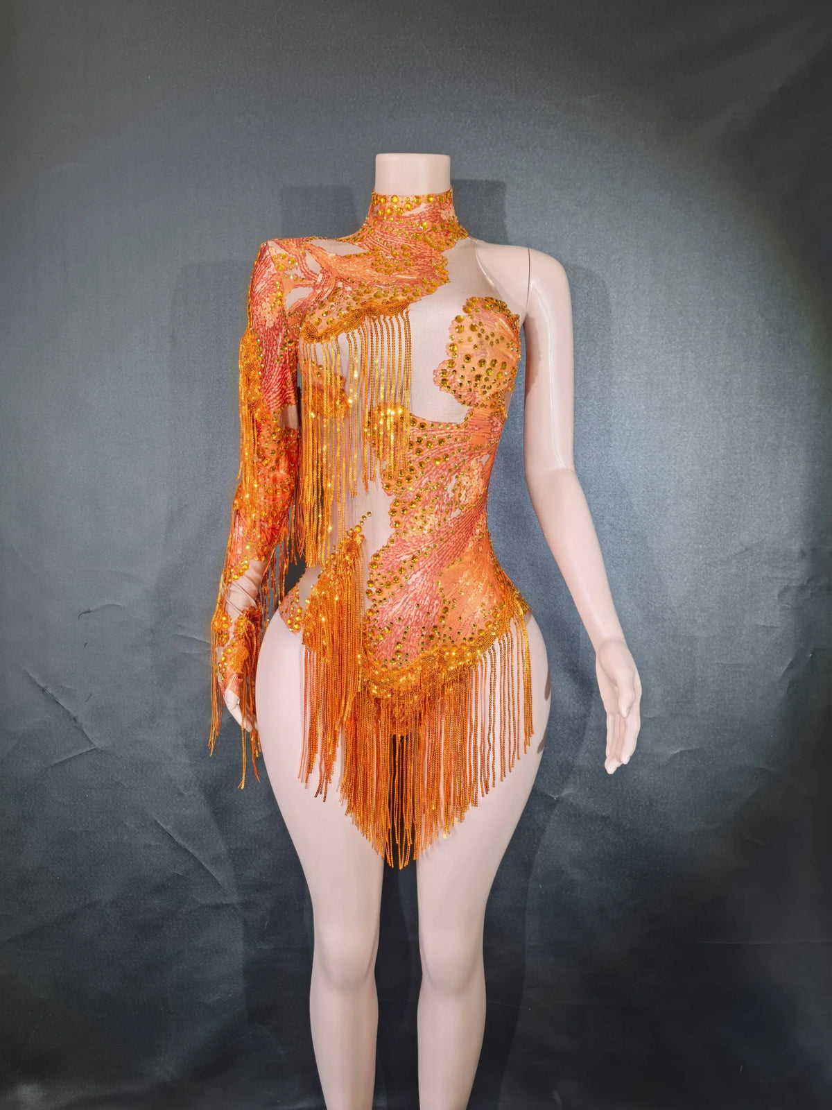 Fitted sexy women's leotard dance costume with fringes, stylish and form-fitting for performance or dance practice.