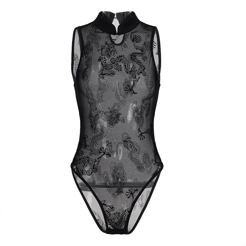 Darkly printed sexy mesh bodysuit from Corporación Turística, featuring stylish, fitted design with intricate pattern details.