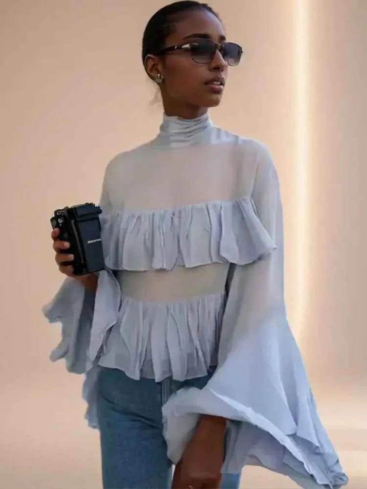 Blusa Gasa Azul Vintage Mujer 2026: Mangas Holgadas con Volantes