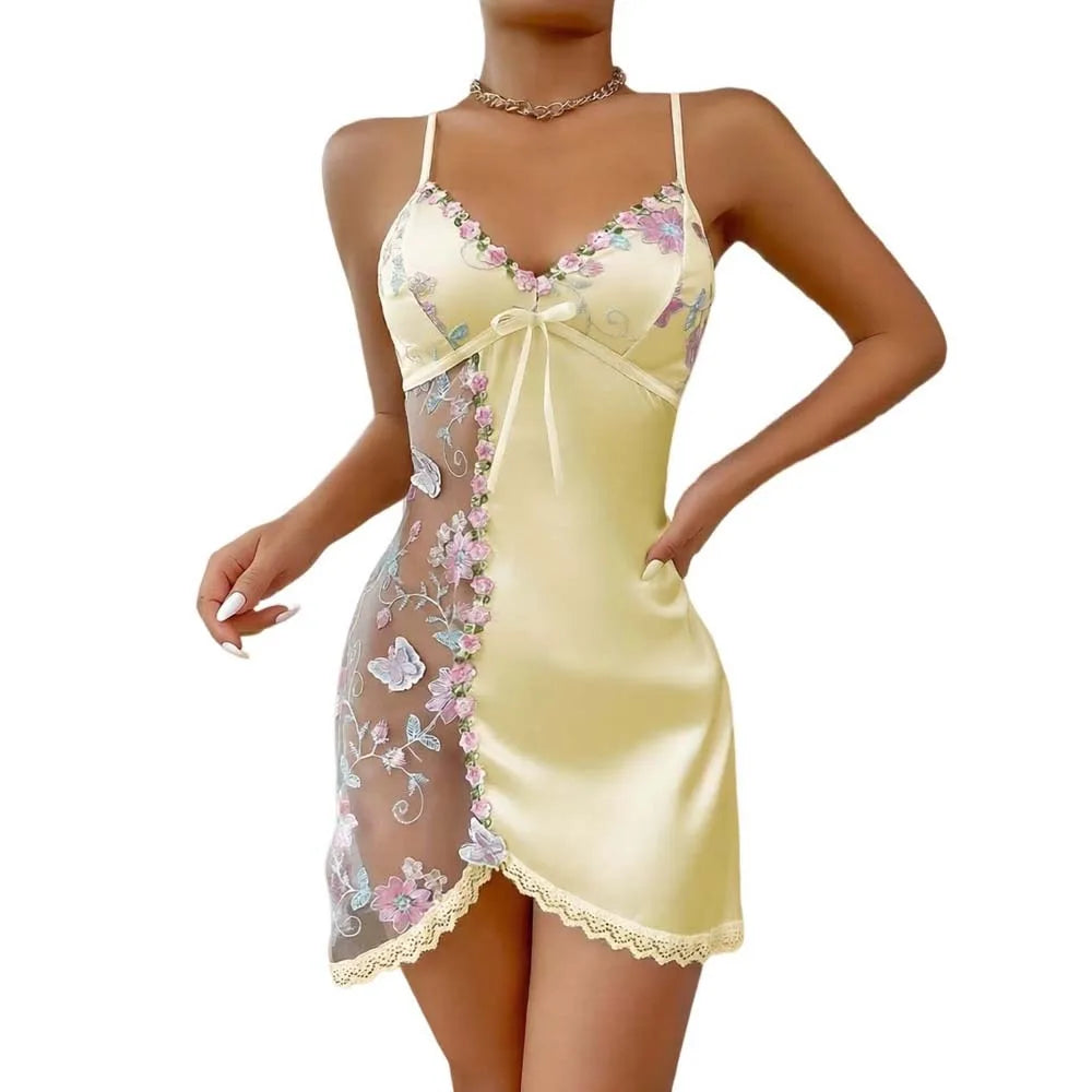 Camisón de encaje fino con lazo para mujer, vestido de pi...