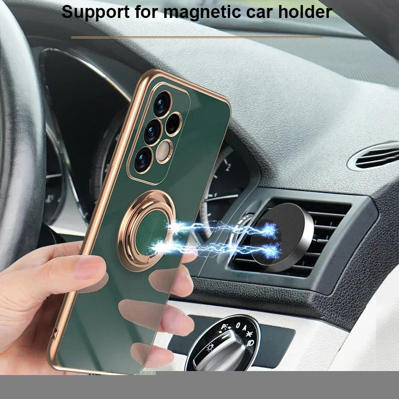 Luxury gold-plated ring support phone case for Samsung smartphones with elegant design and durable protection.