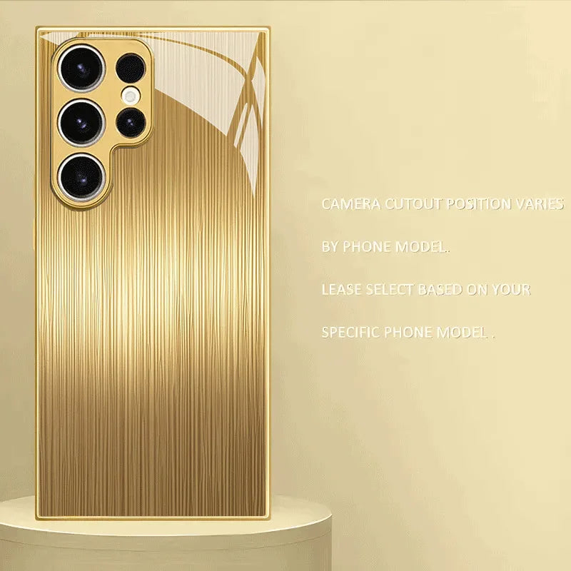 Tempered glass phone case with gold finish from Corporación Turística, showcasing a sleek, protective design with reflective gold accents.