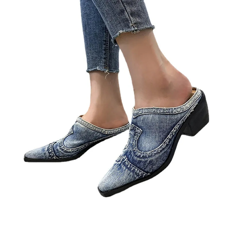 Zapatillas De mezclilla informales Sandalias De tacón alt...