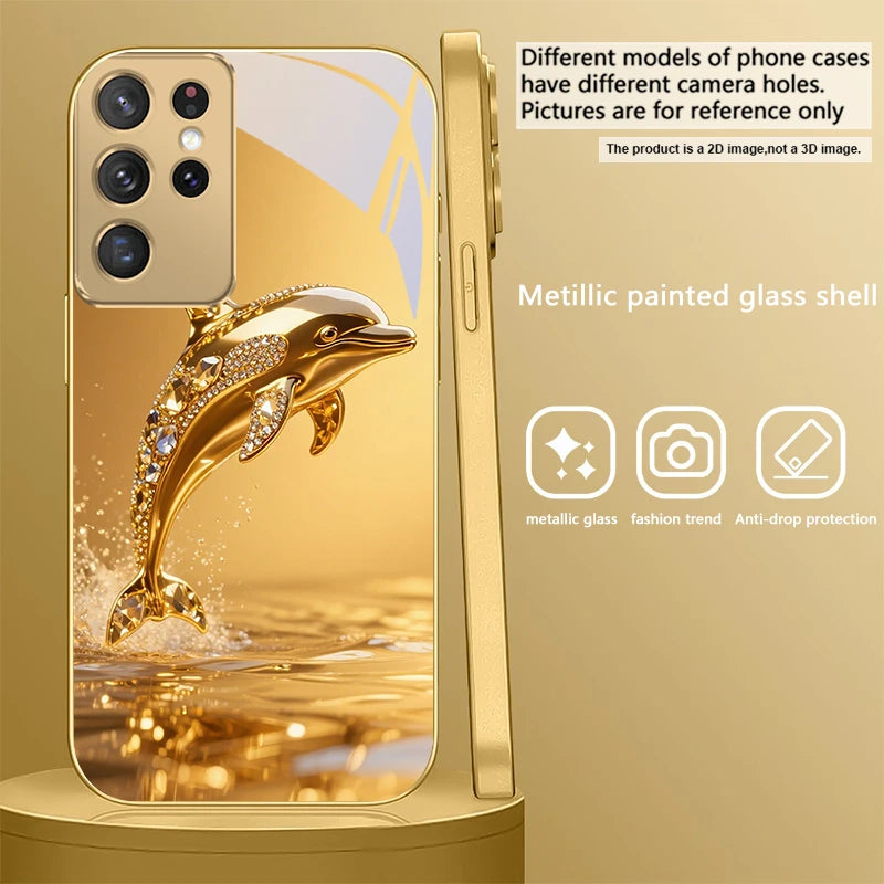 Golden dolphin phone case for Samsung Galaxy S20 FE, S21 Plus, S22, and S23, with intricate dolphin design by Corporación Turística.