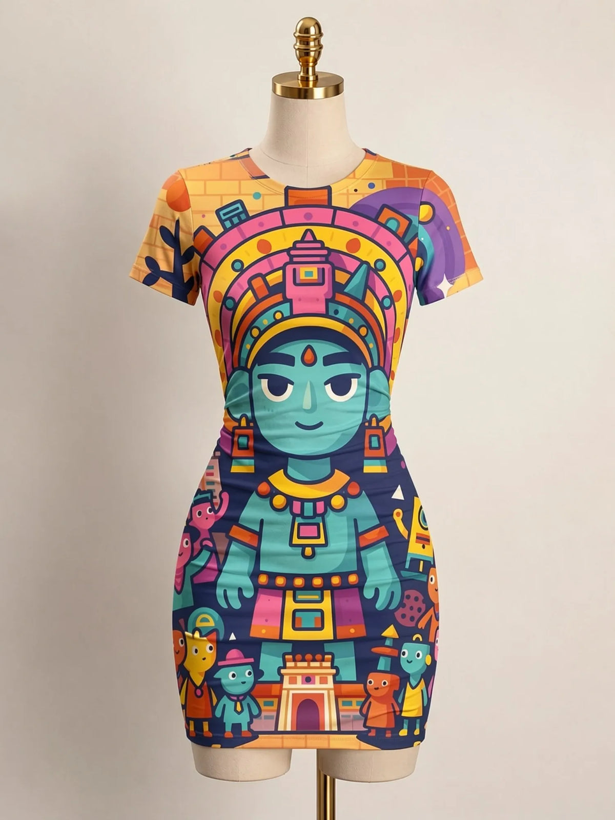 Close-up of a fitted women's mini dress with short sleeves and a crew neck from Corporación Turística, showcasing its stylish design.