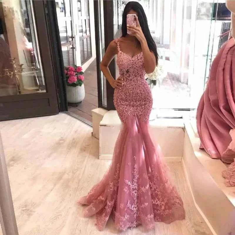 Vestidos de Noche Sirena Encaje Perlas Largos Graduación Fiesta
