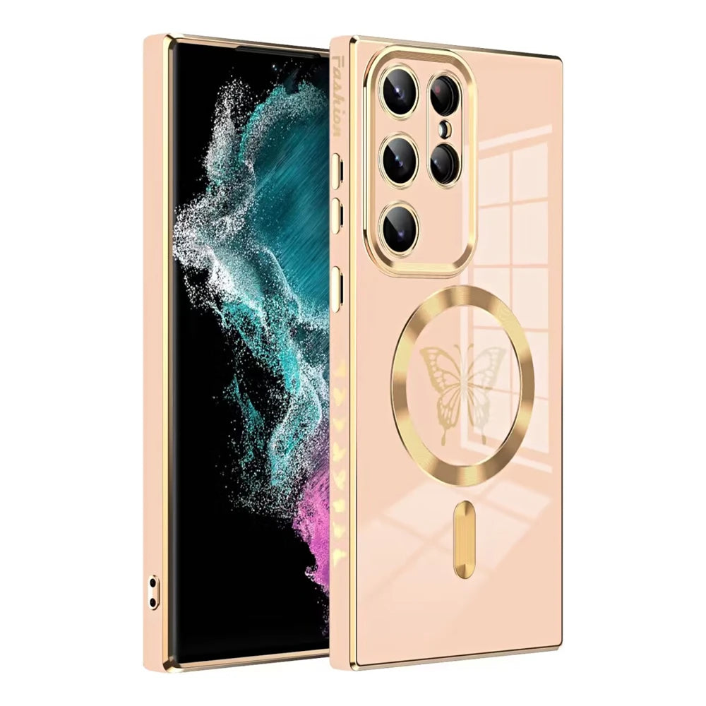Magnetic electroplated butterfly phone case for Samsung S series, featuring a colorful butterfly design and durable material.
