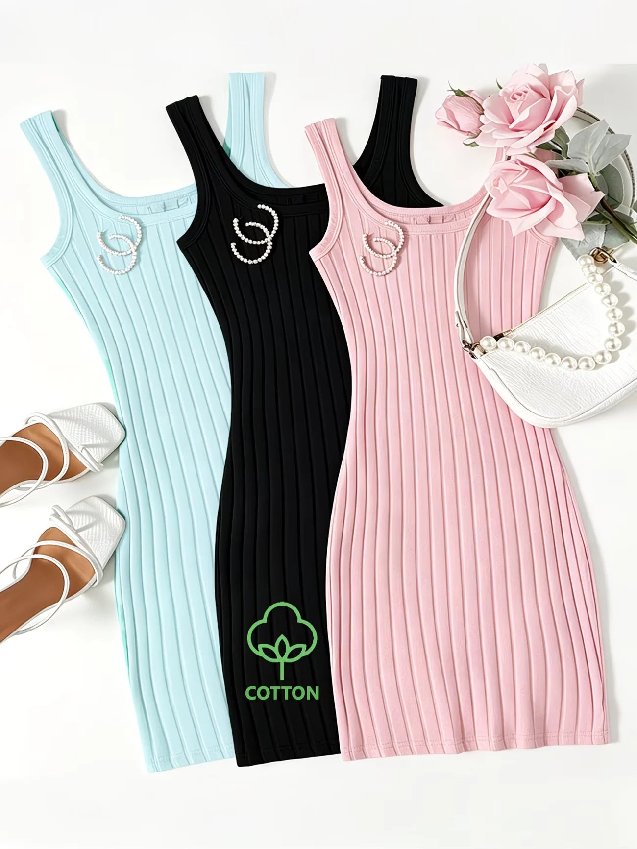 3 Vestidos Ajustados de Color Sólido con Textura Acanalad...