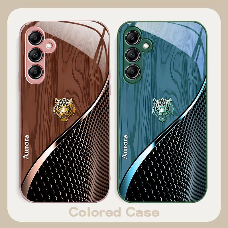 Glassy phone case with a golden tiger design, featuring sleek transparent material and vibrant gold tiger artwork.