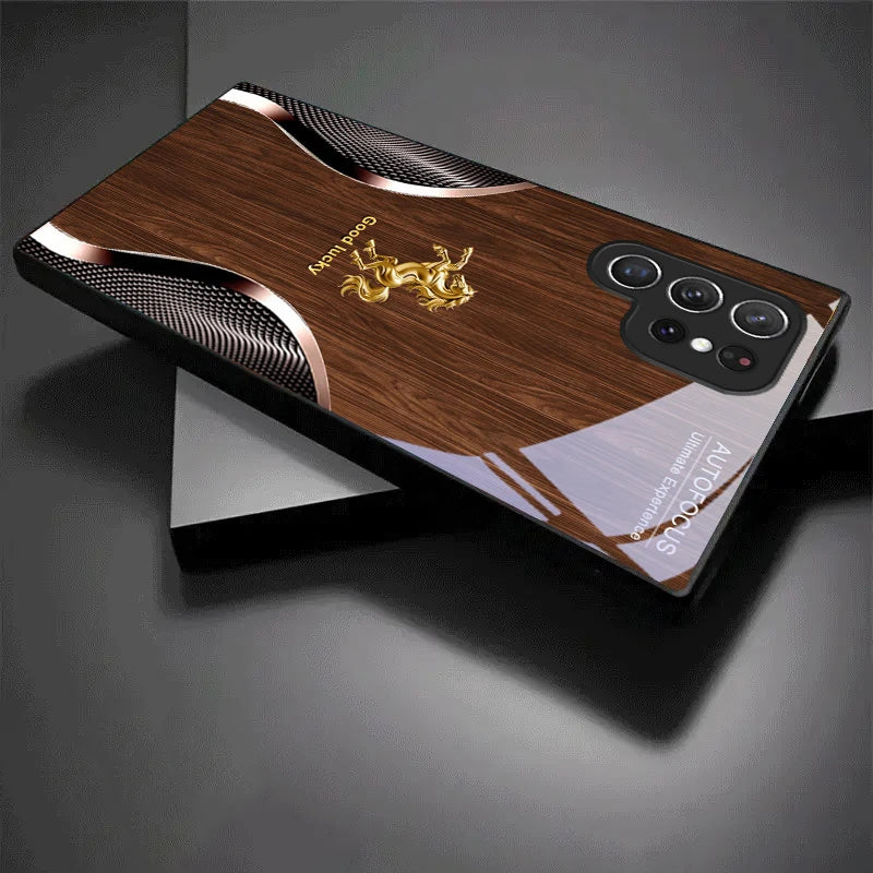 Black crystal phone case featuring Golden Steed Fortune design, compatible with smartphones for stylish protection.