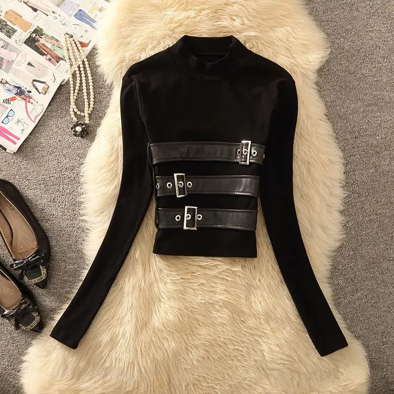 Top elegante de manga larga único de cuello alto para muj...