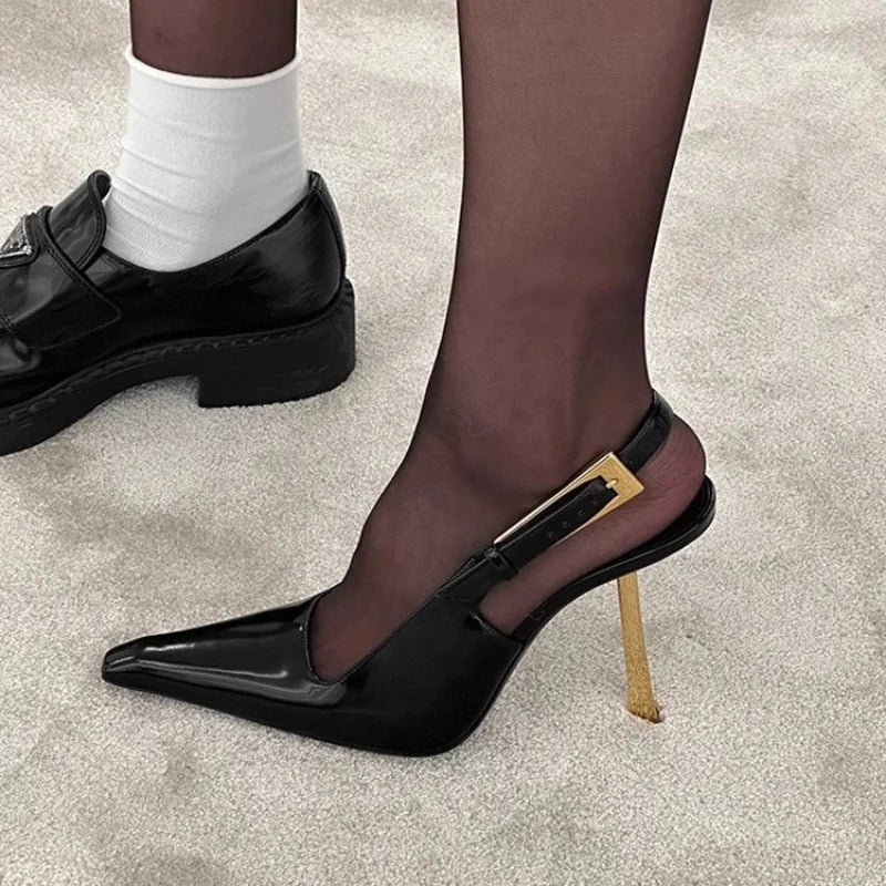 Nuevas sandalias de tacón alto de charol negro para mujer...