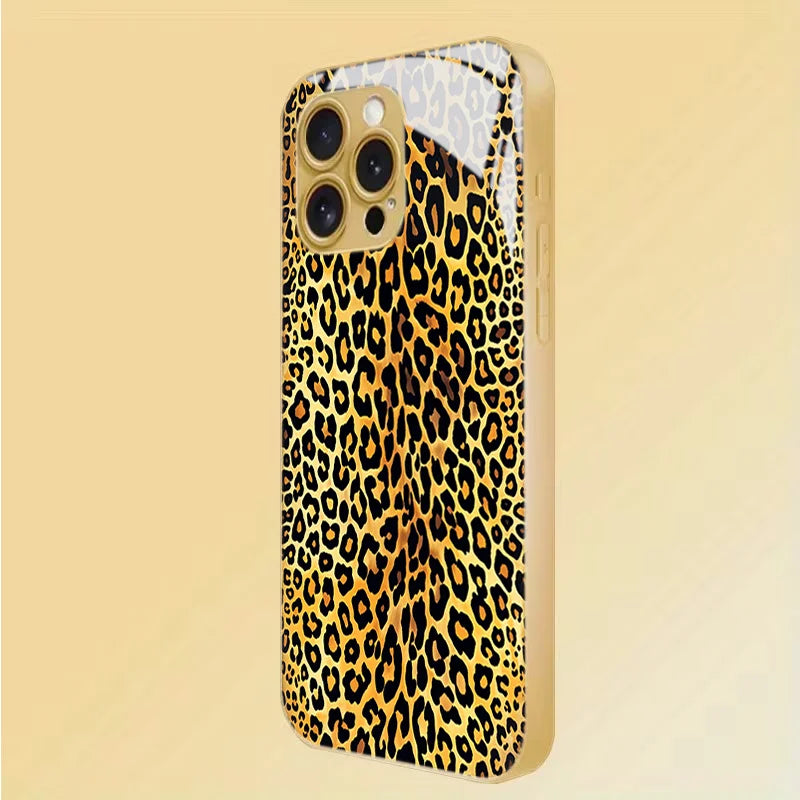 Tempered glass phone case with decorative stamped design, offering stylish protection for smartphones.