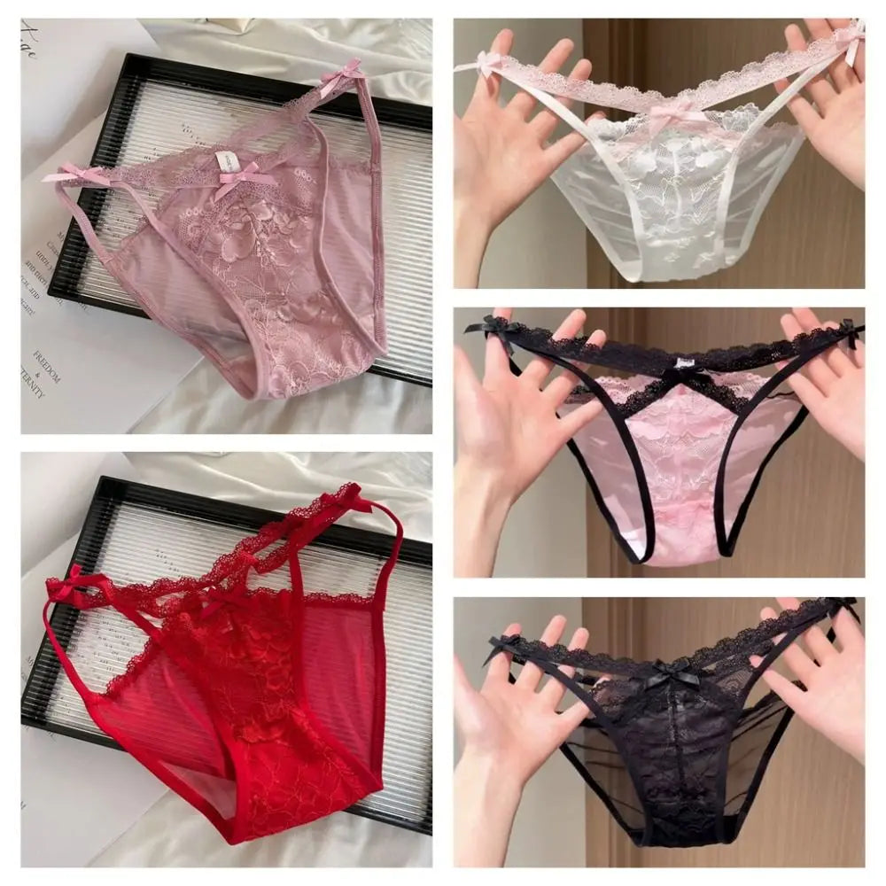 Seamless lace panties with floral design and bow, featuring delicate embroidery and soft fabric for comfortable wear.