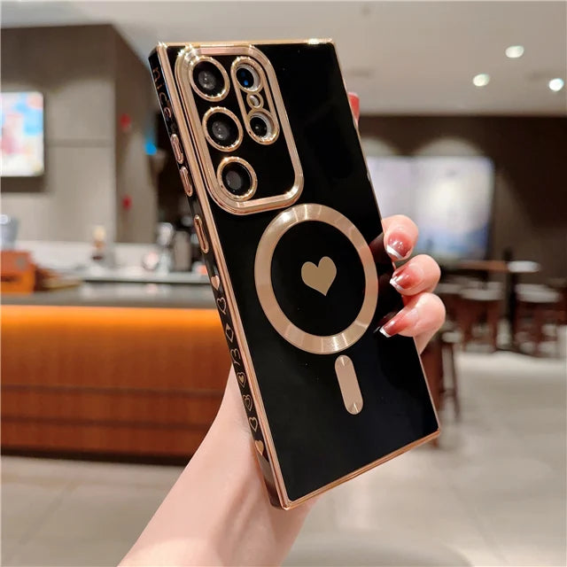 Luxury magnetic Magsafe case for Samsung Galaxy S25 and S24 Ultra by Corporación Turística, shown in black with sleek design.