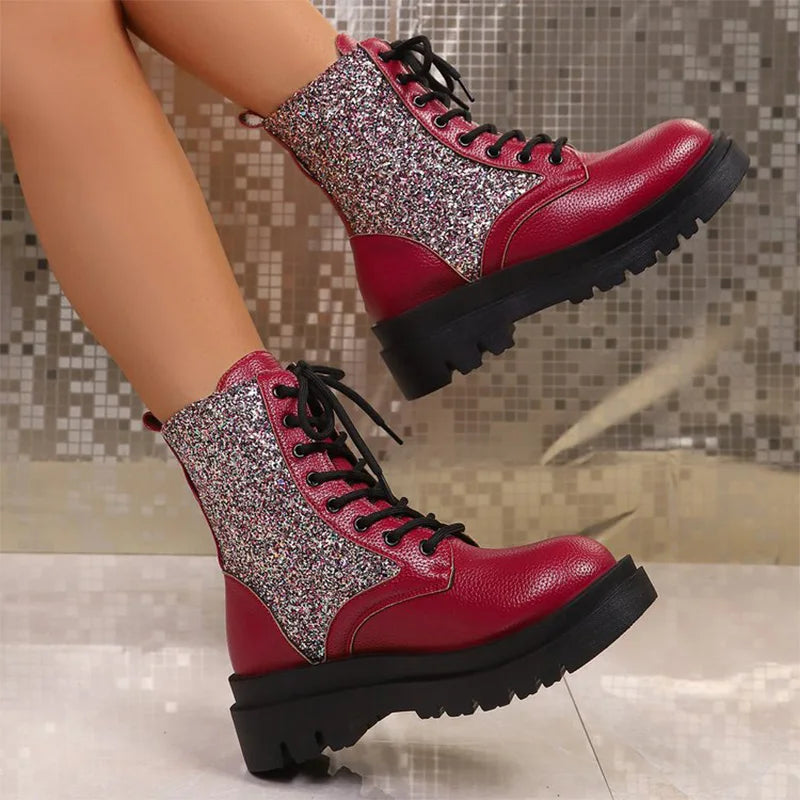 Botas Retro rojas brillantes para Mujer, botines con cord...