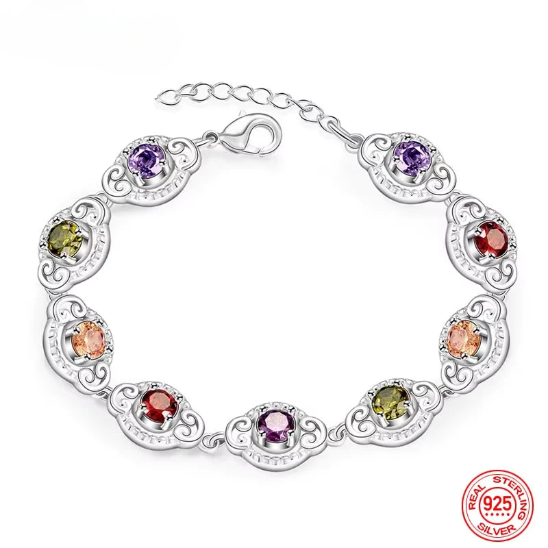 Pulsera fina de Plata de Ley 925 con dijes de cristal a l...