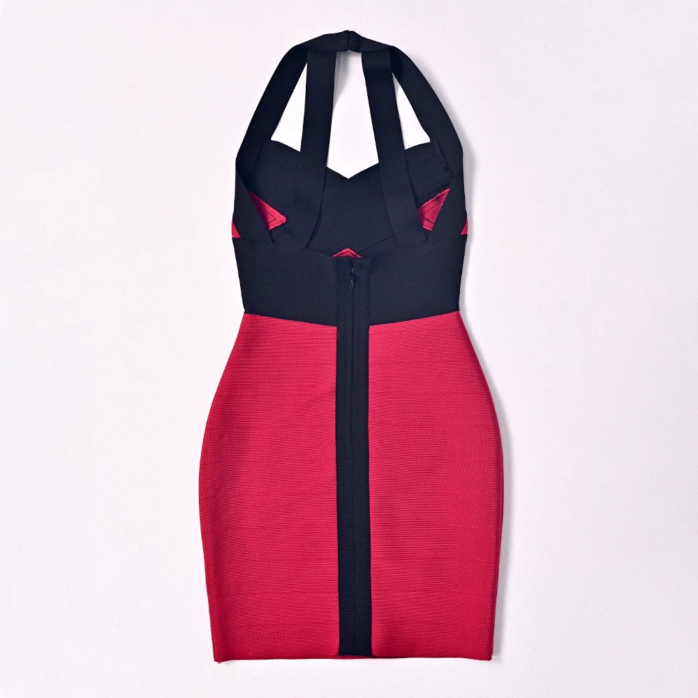 HQBORY-vestido Bandage Sexy rojo y negro con cuello Halte...
