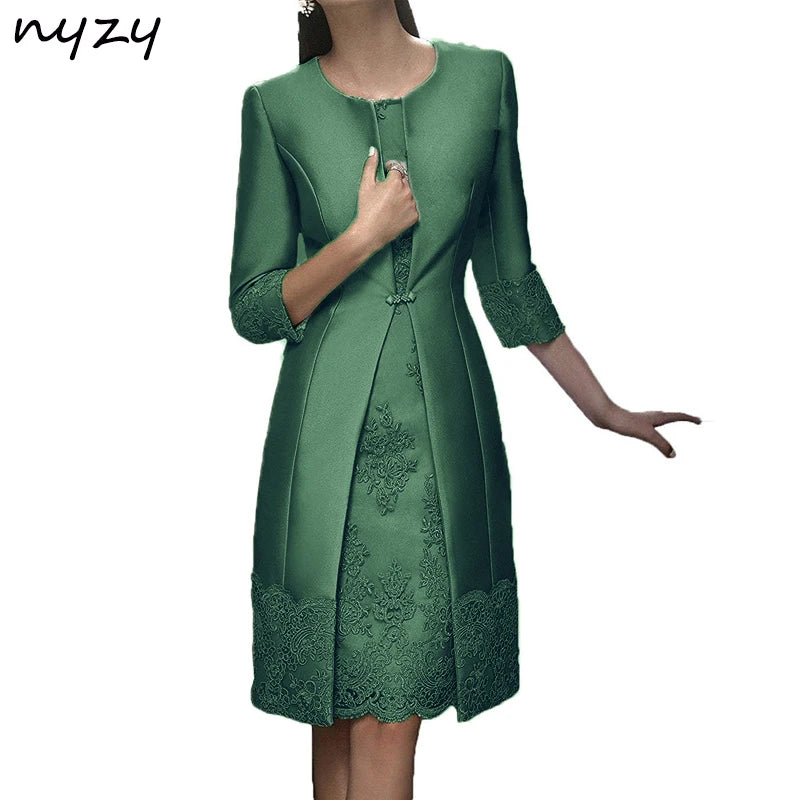 Vestido Encaje Verde Oscuro 2 Piezas Chaqueta Madre Novia Talla Plus