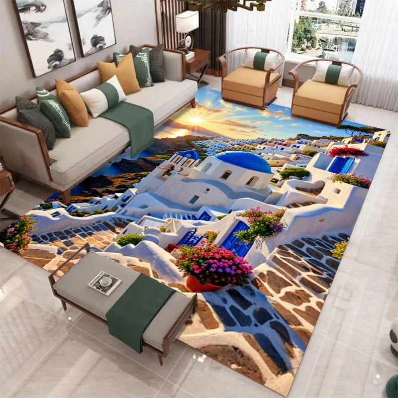 Alfombra 3D Santorini Montaña Nevada: Decoración Moderna para Sala de Estar