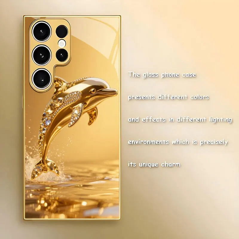 Silver glass dolphin-pattern phone case from Corporación Turística, featuring a sleek, reflective design with intricate dolphin motifs.