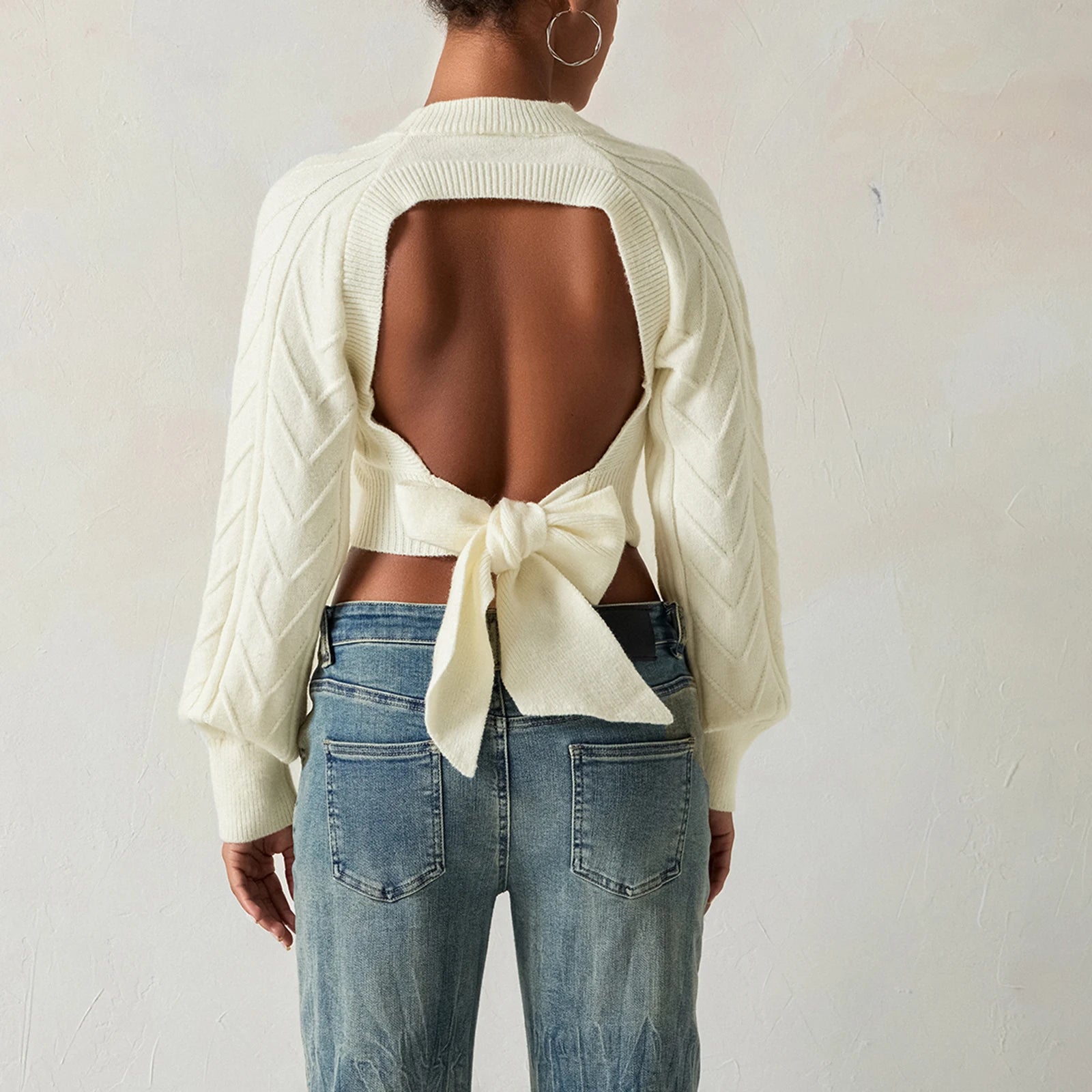 Suéter de punto con Cable para mujer, Tops cortos de mang...