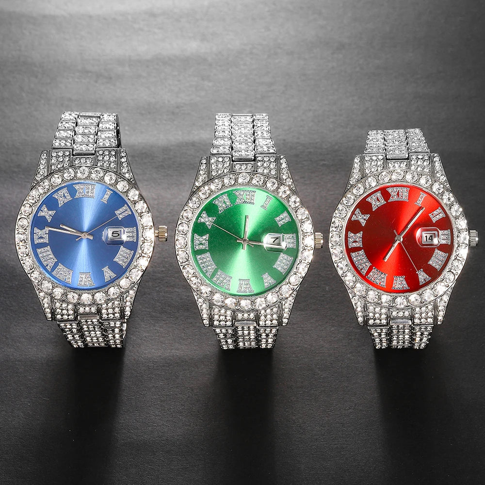Conjunto de reloj de plata para hombre, reloj de diamante...