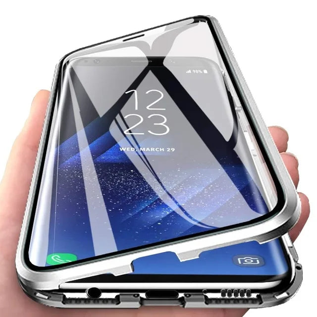 Magnetic metal protective case for smartphones by Corporación Turística, offering 360° full coverage and durable metal design.