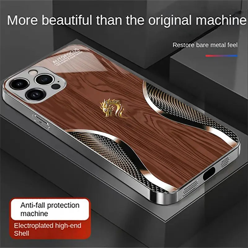 Electroplated glass phone case with decorative pattern, designed for smartphones, by Corporación Turística.