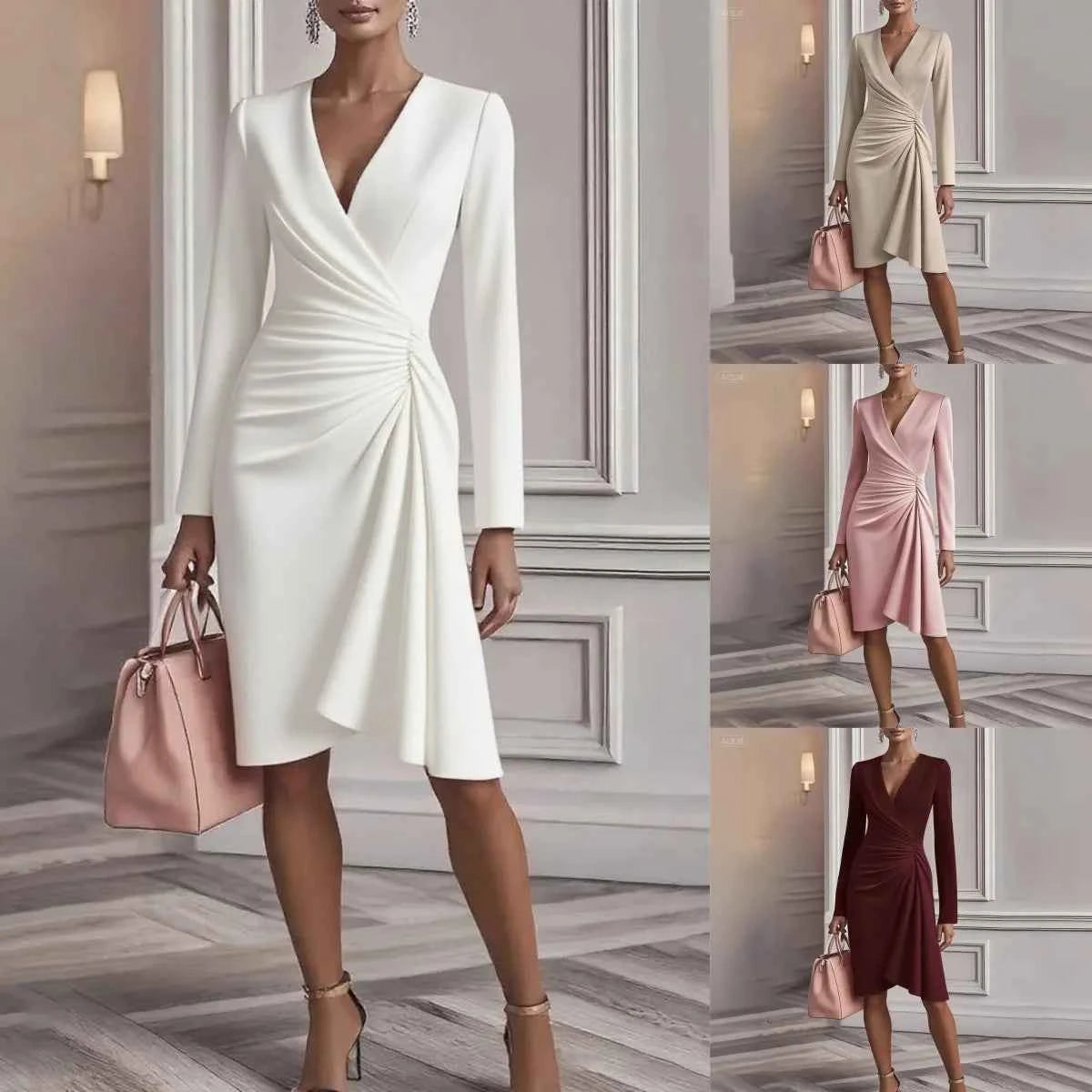Vestido Midi Elegante Mujer Cuello V Negro 2025 Ajustado Cruzado Oficina