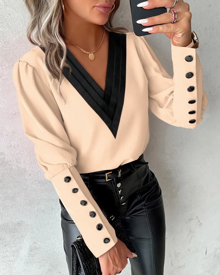 Blusa de oficina con cuello en V y botones para mujer, ca...