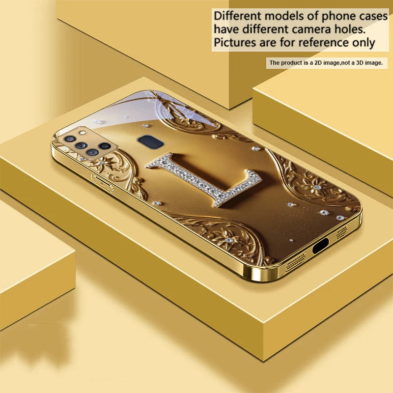 Golden crystal phone case with diamond accents, designed by Corporación Turística, showcasing a luxurious and elegant protective cover.
