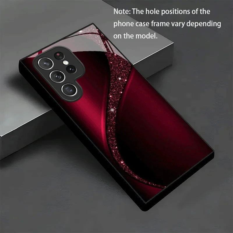 Red curved smartphone case with glittery dust from Corporación Turística, designed to protect and stylishly enhance your phone.