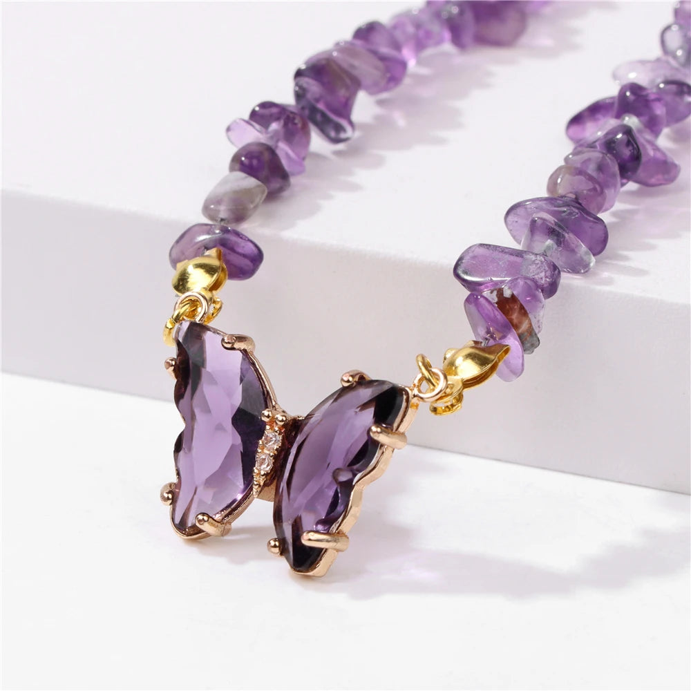 Collar de cristal de mariposa a la moda, amatistas morada...