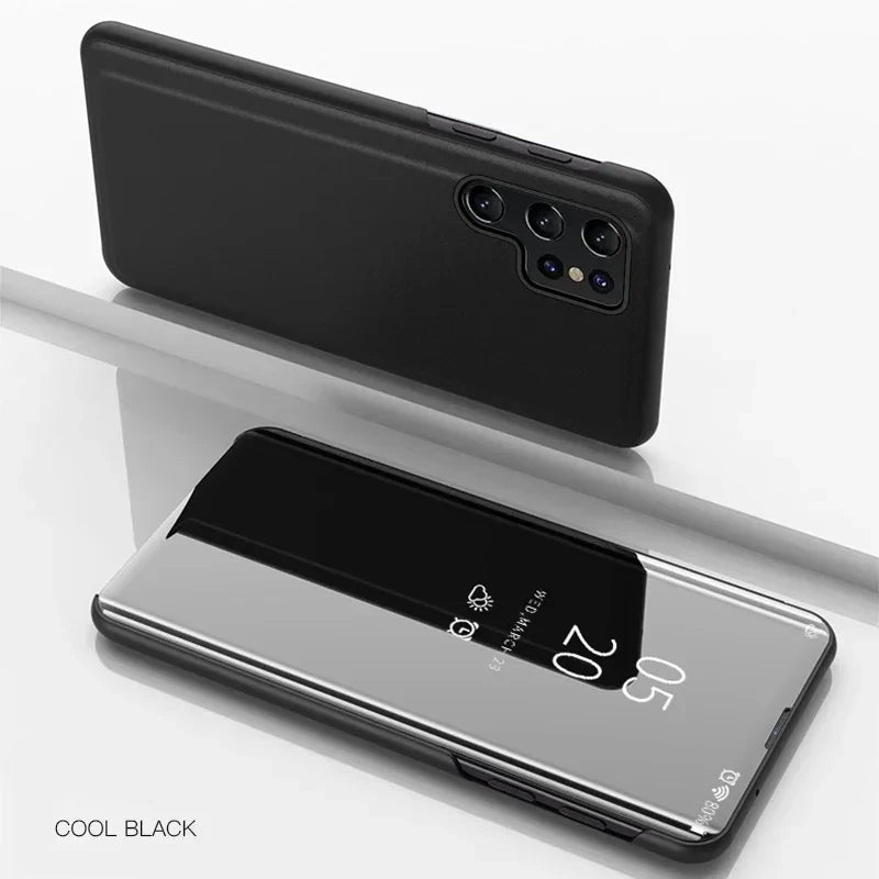 Leather flip phone case with mirror cover for Samsung smartphones, featuring a sleek and protective design.