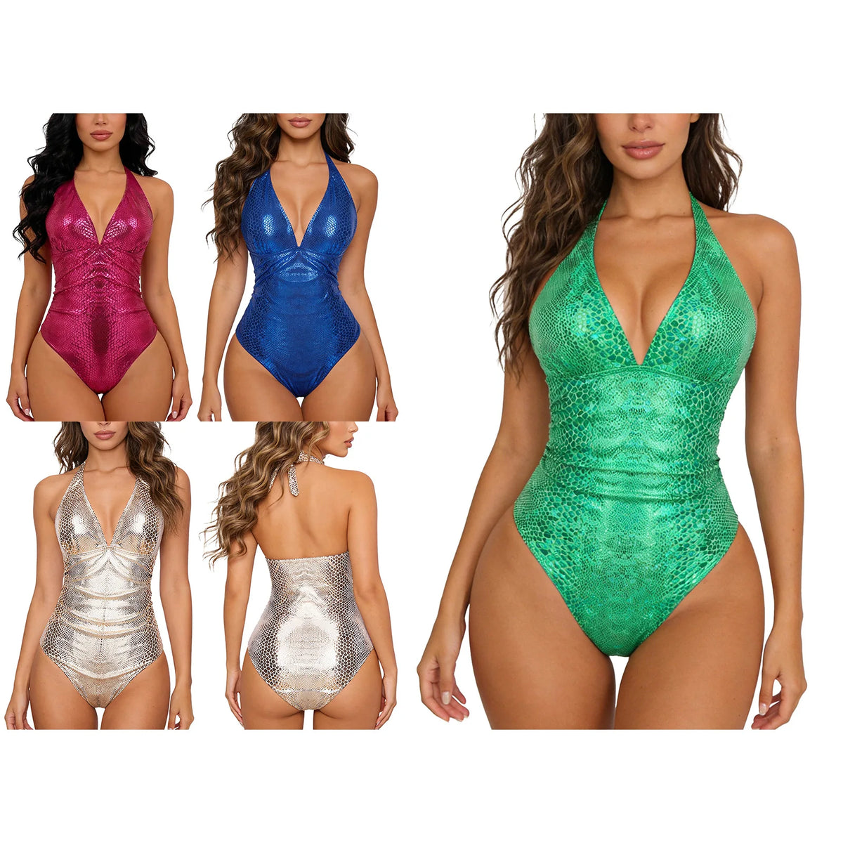 Shiny metallic women's swimsuit with colorful print, featuring a sleek design and adjustable straps for a stylish beach look.