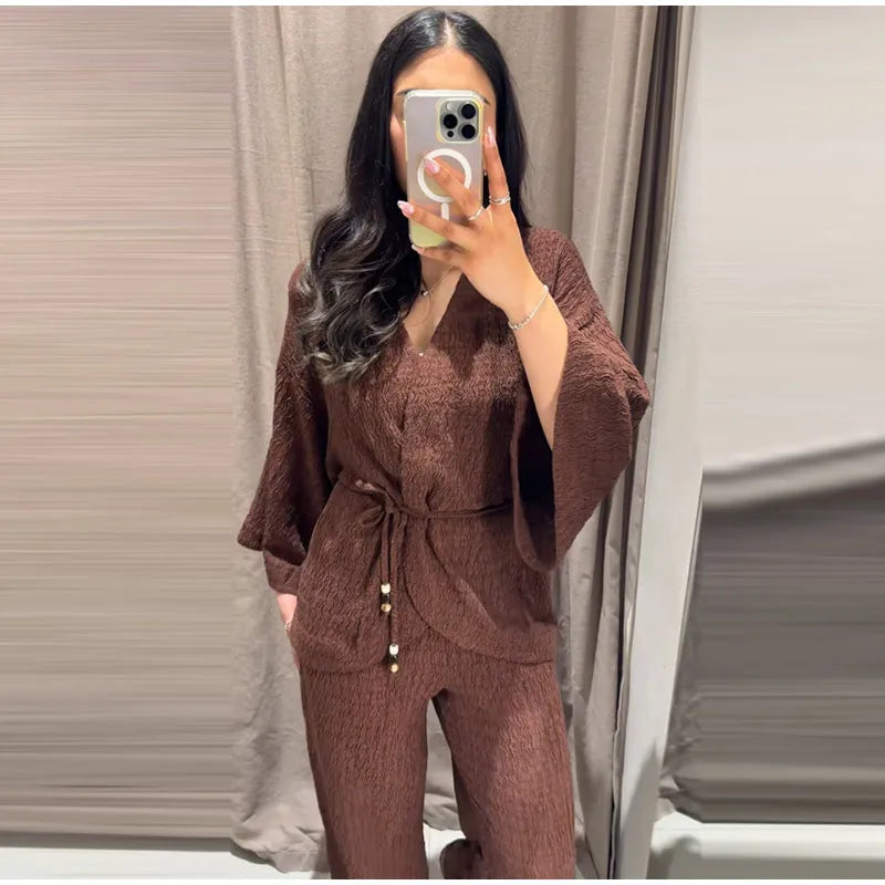 Conjunto Casual Mujer V-Neck Manga Ancha Lazo Pantalón Holgado