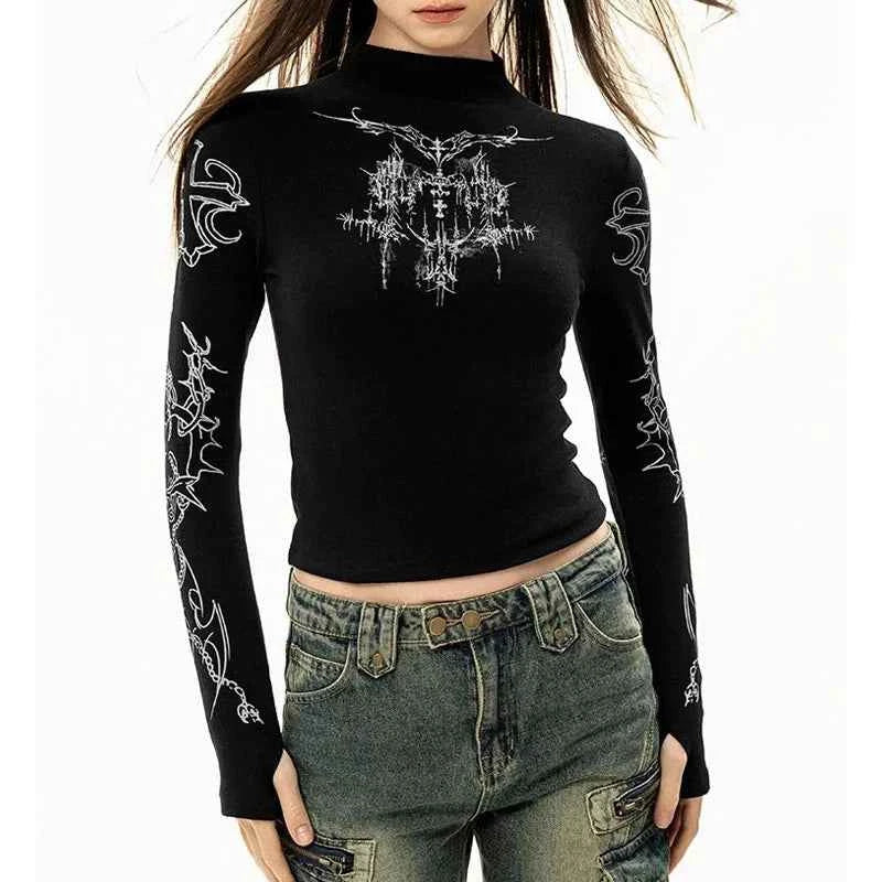Camiseta Grunge Y2K Mujer Cuello Alto Gráfica - Estilo Emo Punk