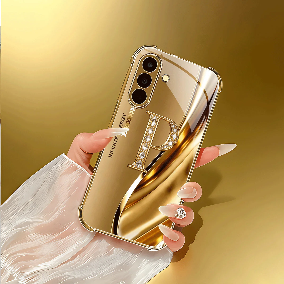Gold electroplated letter "P" phone case with crystal corners for Samsung Galaxy S20 to S26 Plus Ultra FE, includes lens protection.