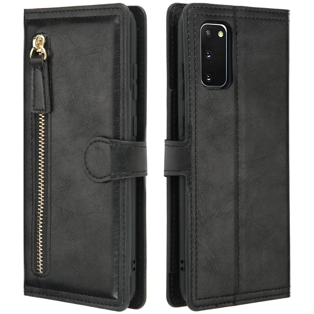 Luxury leather Samsung Galaxy S20 FE, Note 20 Ultra wallet phone case with zipper and fold-over cover, black color.