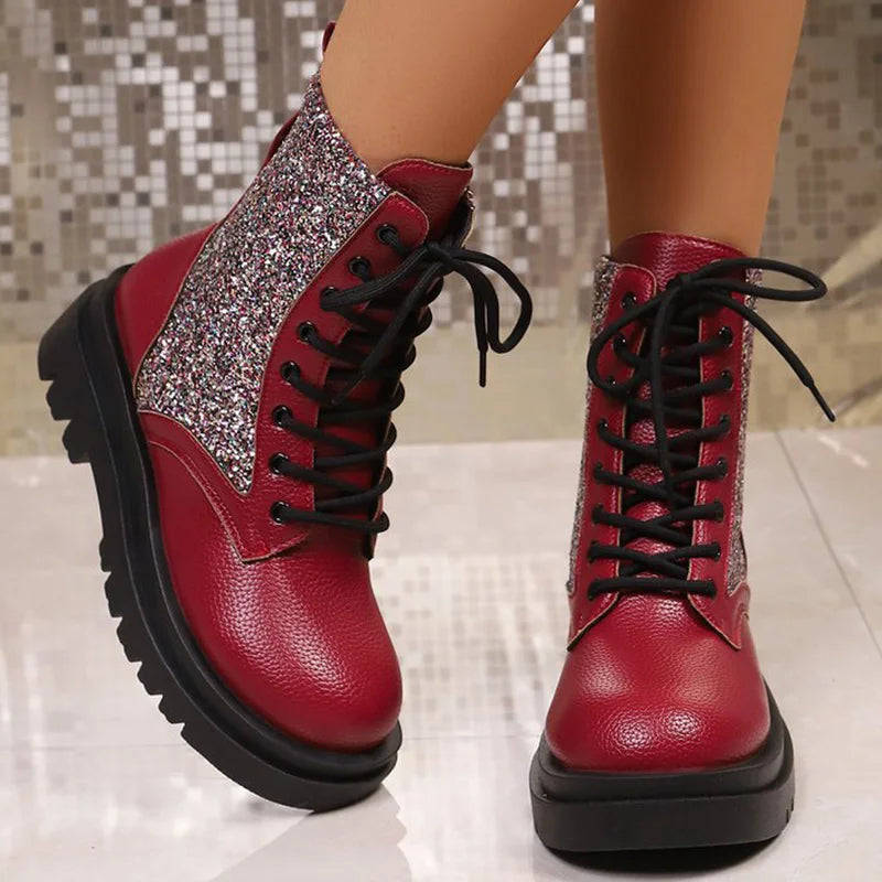 Botas Retro rojas brillantes para Mujer, botines con cord...