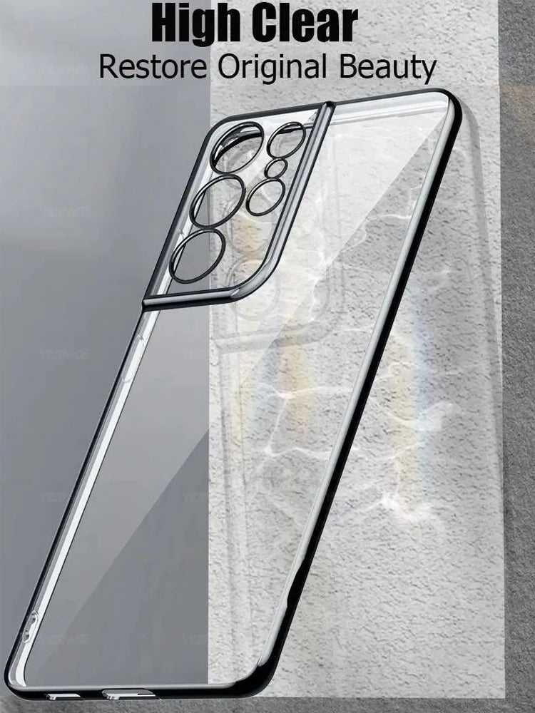 Clear silicone phone case with protective coating from Corporación Turística, showing the transparent, flexible design on a smartphone.