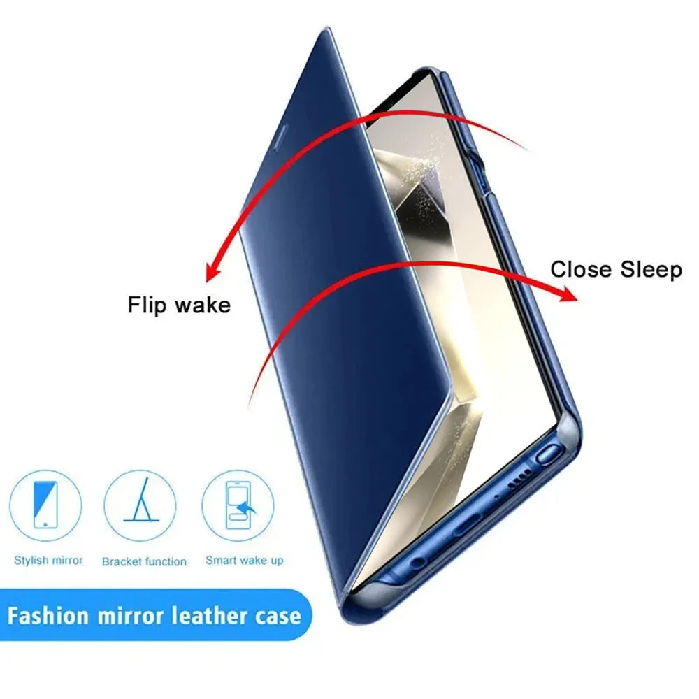 Leather flip phone case with mirror for Samsung smartphones, featuring a stylish cover and protective design by Corporación Turística.