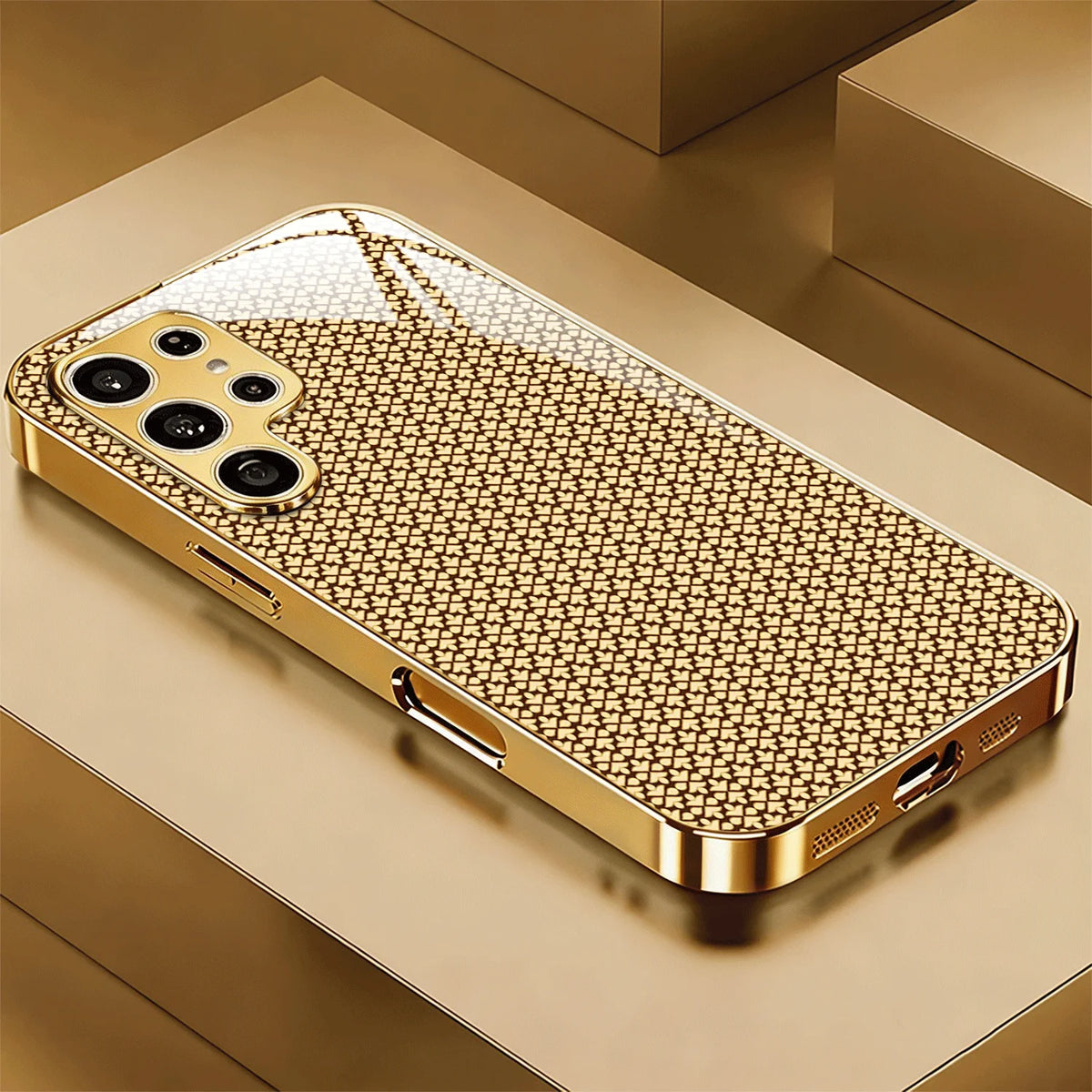 Clear geometric gold 2D phone case by Corporación Turística showing a stylish, transparent design with gold geometric patterns.