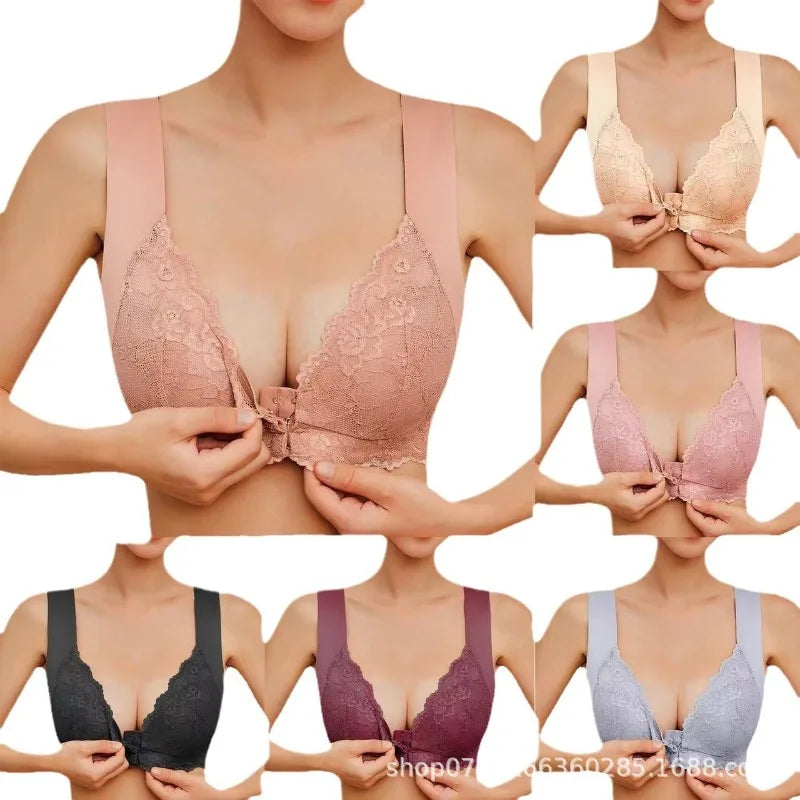 Lactation nursing bra with front closure and lace details, designed for breastfeeding comfort and support.