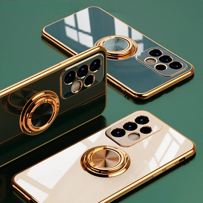 Metal ring phone case with built-in support, featuring a shiny metallic finish for iPhone and Android devices.
