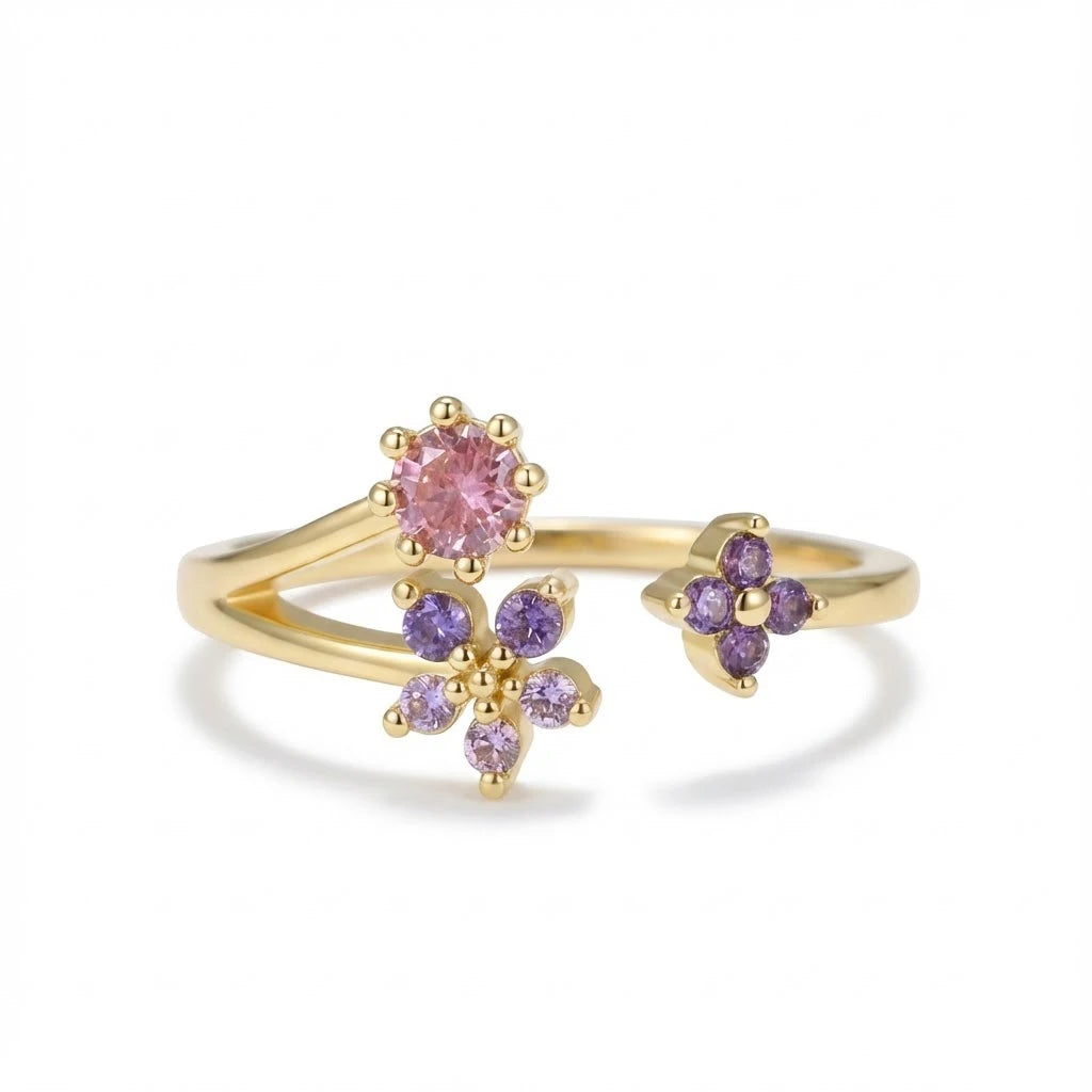 Anillo Flor Circon Colorido Ajustable Mujer Moda Vintage Regalo Joyería