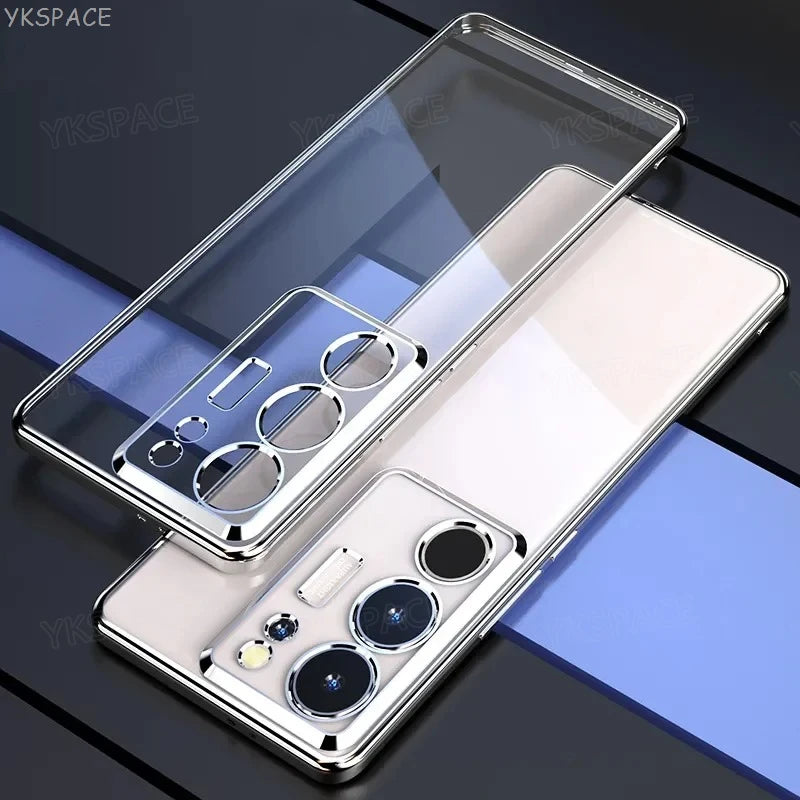 Transparent silicone phone case with protective coating, designed for a snug fit to showcase the phone's design.