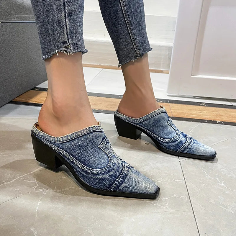 Zapatillas De mezclilla informales Sandalias De tacón alt...