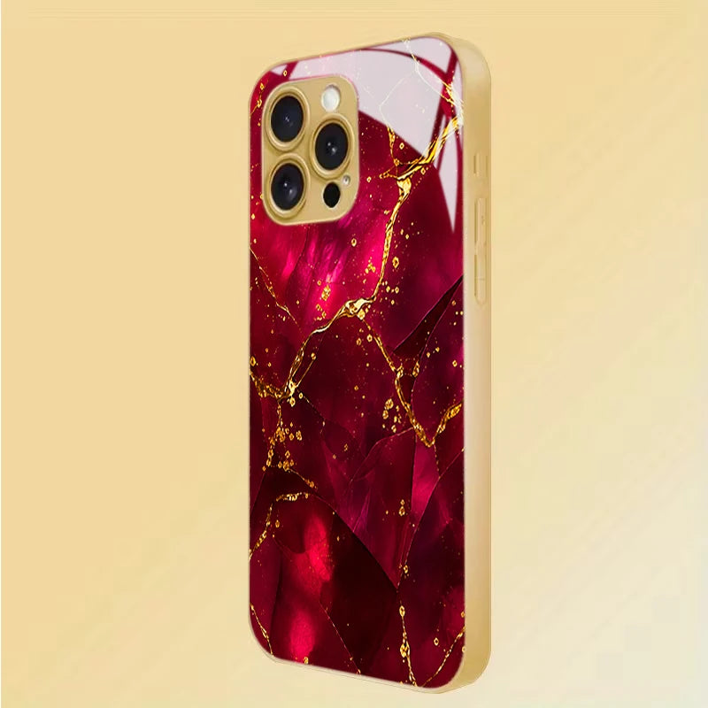 Tempered glass phone case with Crimson Crack design for smartphones, featuring clear protective coverage and stylish pattern.